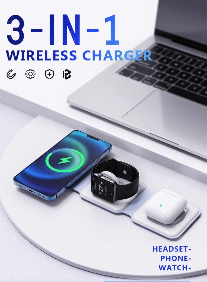 بازار شاحن لاسلكي مغناطيسي قابل للطي 3 في 1 مع محول USB-C بقوة 20 وات - محطة شحن سريعة لسلسلة iPhone 16/15/14/13/12، Apple Watch Ultra/10/9/8/7/6/5/4/3/2/SE، AirPods Pro/3/2 (أبيض) - Image 2
